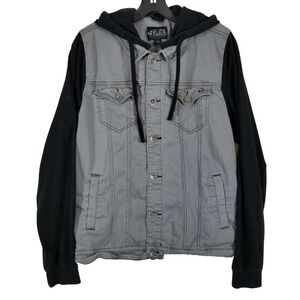 XXX Rude Mens Denim Jacket Grey Black Hooded Mixed Media Trucker Coat Large